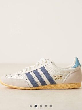 adidas Japan Leather Sneaker - White with Blue Stripes and Light Blue Heel